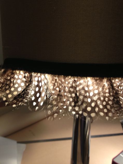 Guinea Fowl Feather Trim added to the edge of a silk lampshade - illuminates beautifully for that extra special luxury touch #featurelighting configured by you, built by us. Feather Lampshade, Made Lamp, Silk Lampshade, Lamp Ideas, Guinea Fowl, Grey Room, Feather Trim, Painting Furniture, Feature Light