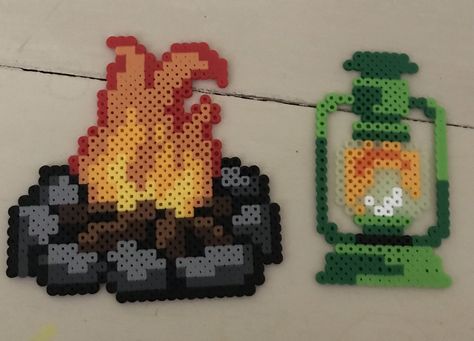 Campfire & lantern perler beads Outdoor Perler Bead Patterns, Peler Beads Patterns 3d, Perler Bead Art 3d, Jar Perler Bead Patterns, Camping Perler Beads, Perler Bead Landscape, Lava Lamp Perler Beads, Fire Perler Beads, Nerdy Perler Beads