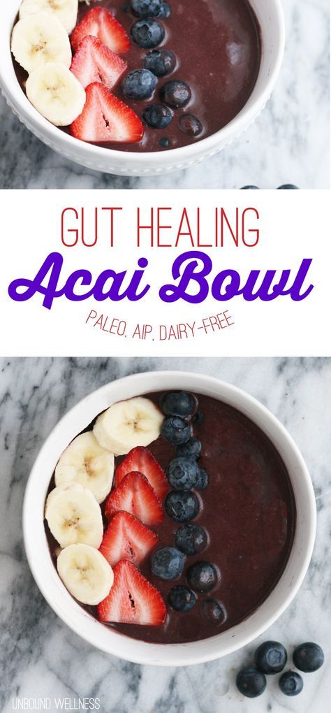 Gut Healing Acai Bowl (paleo, aip, dairy free) Smoothies Bowl, Unbound Wellness, Aip Breakfast, Acai Bowls Recipe, Autoimmune Paleo Recipes, Aip Paleo Recipes, Dairy Free Smoothies, Aip Desserts, Gut Healing Recipes