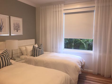 Bedroom Blinds With Curtains, White Sheer Curtains Over Blinds, Sheer Curtain Over Roller Blind, Sheers In Bedroom, Blockout Blind And Sheer Curtain, Sheer Curtains And Roller Blinds, Blockout Blinds And Sheer Curtains, White Curtains With Blinds, Curtains With Roller Blinds