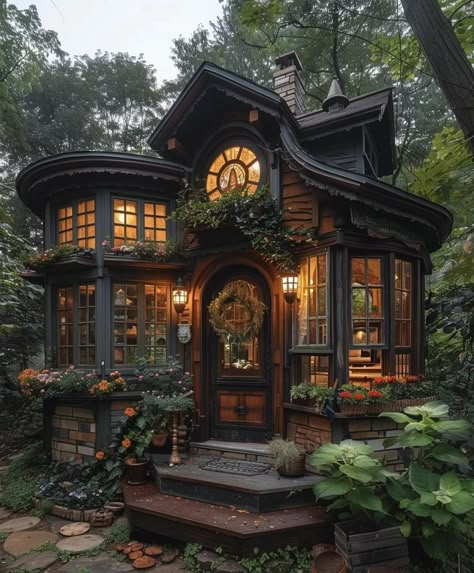 Gothic Earthy Home, Fall Gothic Aesthetic, Once Human House, Unique Architecture House, Witchy House Exterior, Small Gothic House, Witchy Houses, Gothic Tiny House, Tiny Glade