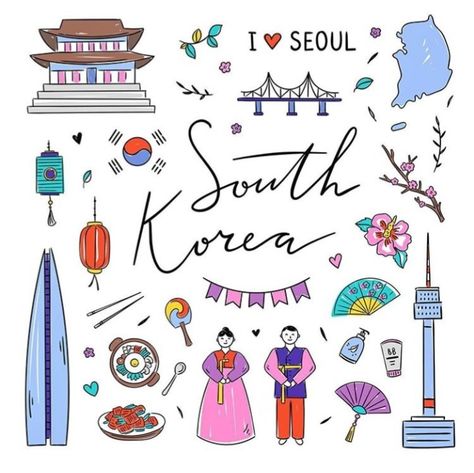 South Korea Doodle Art, South Korea Illustrations, South Korea Journal Ideas, Drawing Ideas Korean, Seoul Drawing, Korea Journal, Korean Symbols, South Korea Culture, Korean Illustration