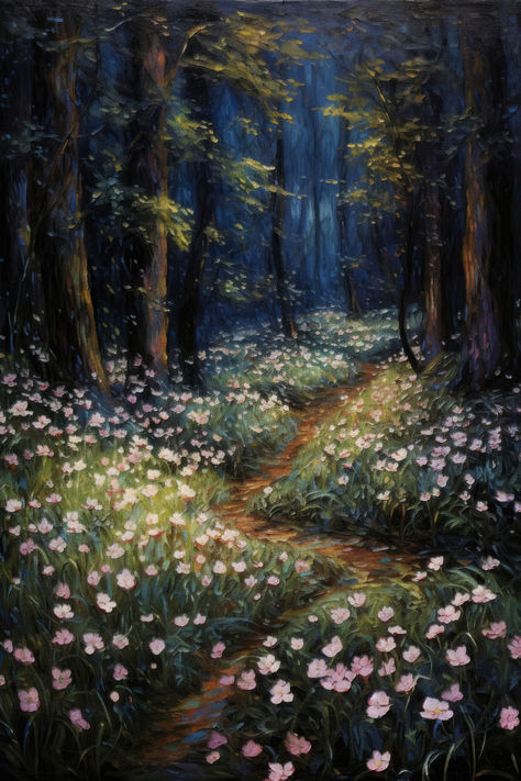 A vintage painting of wildflowers in the forest at night. Forest Night Painting, Forest At Night Painting, Magic Forest Painting, Simple Forest Painting, Dark Nature Painting, Night Forest Painting, Nature Painting Ideas, Dark Forest Painting, Forest Wildflowers