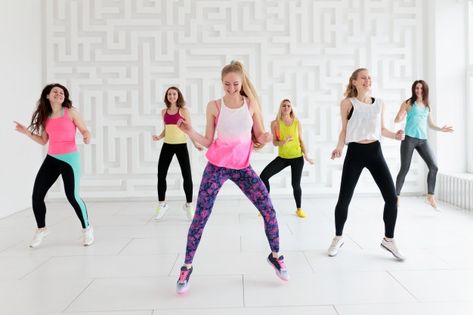 Group of happy young women in sportswear... | Premium Photo #Freepik #photo #music #party #sports #fitness Zumba Photography, Colorful Sportswear, Zumba (dance), Zumba Outfit, Girl Train, Photo Music, Zumba Dance, Dance Training, Simple Designs To Draw