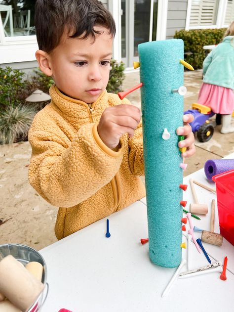 Golf Tee Fine Motor Activity - Toddler Approved Golf Tee Fine Motor, Golf Crafts, Preschool Programs, Kids Golf, Golf Tees, Cardboard House, Preschool Games, Toddler Birthday, Motor Activities