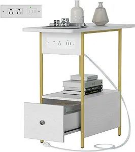 Yenlure End Table with Charging Station, Side Table with 5 USB Ports and Outlets, Nightstand for Small Space, Bedside Table with Wooden Drawer for Living Room/Bedroom, White Table For Small Bedroom, Small Space Bedside Table, Table Night Stands, Slim Bedside Table, Narrow Bedside Table, Narrow Nightstand, Nightstand Bedroom, Nightstand White, Yacht Interior Design