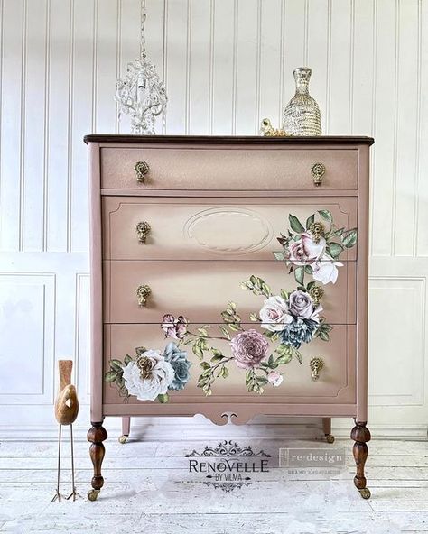 Dresser Painting Ideas Creative Wood, Floral Transfers On Furniture, Rub On Transfers For Furniture Wood, Table Stencil Ideas, Furniture Transfers Vintage, Painted Wood Furniture Ideas, Furniture Decals Transfers, Transfers On Painted Furniture, Decals For Furniture