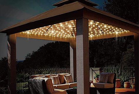 Gazebo Lighting Ideas, Curtain Lights Outdoor, String Lights Decor, Gazebo Lights, Net Lights Outdoor, Christmas Net Lights, Canopy Party, Gazebo Curtains, Gazebo Lighting