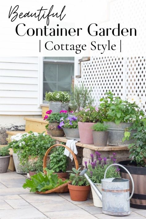 Cottage Garden Patio Ideas Shabby Chic, Cottage Garden Containers, English Cottage Container Garden, English Container Garden, Cottage Kitchen Garden, Container Garden Design Ideas, Cottage Garden In Pots, Container Cottage Garden, Cottagecore Deck