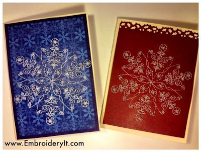 Embroidery It: How To Do Machine Embroidery On Cardstock - Sweet Christmas Cards Embroidering Machine, Embroidery Cards Pattern, Machine Embroidery Christmas, Embroidered Cards, Stitching On Paper, Embroidered Patterns, Machine Embroidery Thread, Embroidery Cards, Snowflake Cards