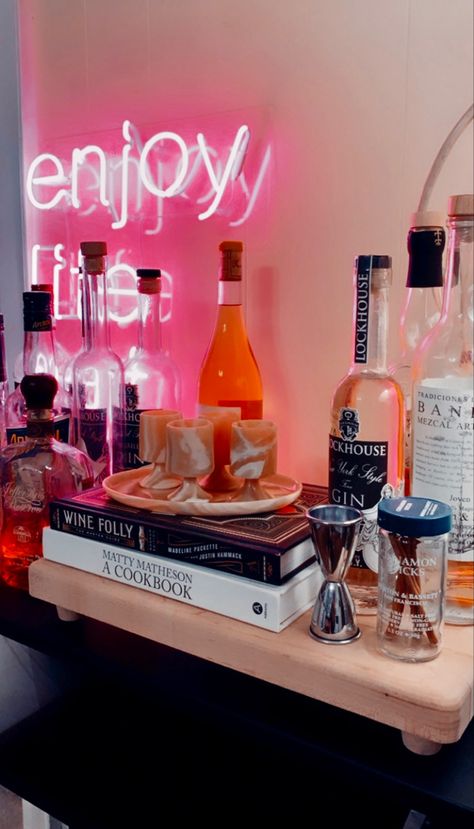 Girly Bar, Pink Neon Sign, Wine Folly, Preppy Decor, Cat Wall Furniture, Bar Cart Styling, Home Decor Quotes, Cocktail Accessories, Colored Glassware