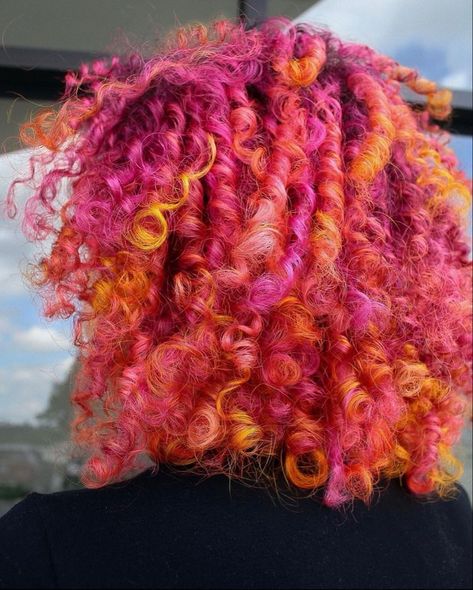 Curly Sunset Hair, Multi Colored Curly Hair, Orange And Pink Locs, Orange Balayage, Orange And Yellow Hair, Orange Locs, Pink Curly Hair, Sunset Hair Color, Pink And Orange Hair