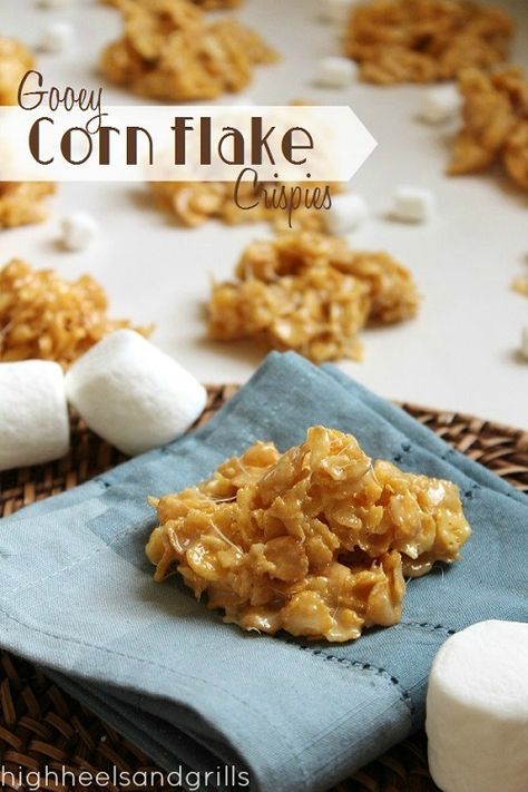 Gooey Corn Flake Crispies. 4 Ingredients, no baking, and theyre delicious. #dessert #easy http://www.highheelsandgrills.com/2013/05/gooey-corn-flake-crispies.html Flake Recipes, Cornflake Cookies, Corn Flake, Cereal Treats, Corn Flakes, Crispy Treats, Yummy Sweets, How Sweet Eats, Candy Recipes