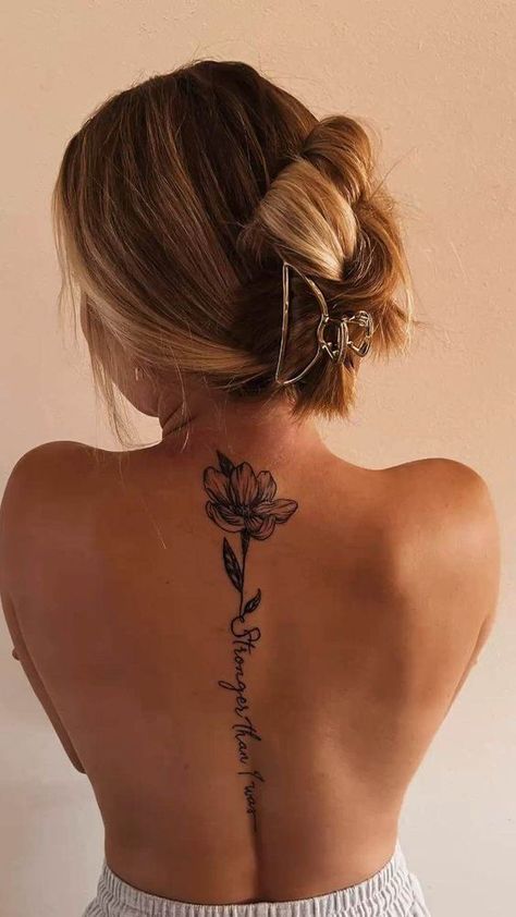 Sunflower Spine Tattoo Quotes, Spins Tattoos For Women, Tulip Spine Tattoo, Spine Tatoos Woman, Word Spine Tattoo, Back Tattoo Women Spine Meaningful, Meaningful Spine Tattoos, Women Back Tattoo Ideas, Elegant Spine Tattoos For Women