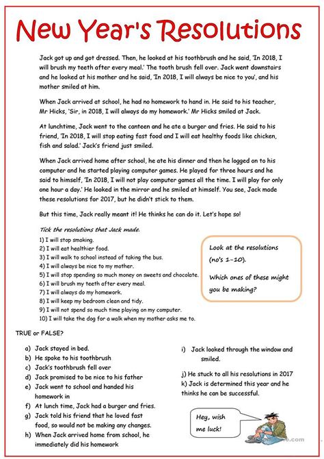 New Year's resolutions - English ESL Worksheets for distance learning and physical classrooms New Years Resolution Kids, Kid Worksheets, Esl Teaching Resources, Lesson Plan Template, Esl Lesson Plans, New Year Resolutions, New Years Resolutions, Brush My Teeth, New Year's Resolution