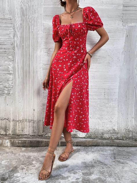 Summer Dresses With Sleeves, Split Thigh Dress, Sundress Outfit, Red Sundress, Long Sundress, Red Summer Dresses, Square Neck Dress, Long Dress Casual, Split Dress