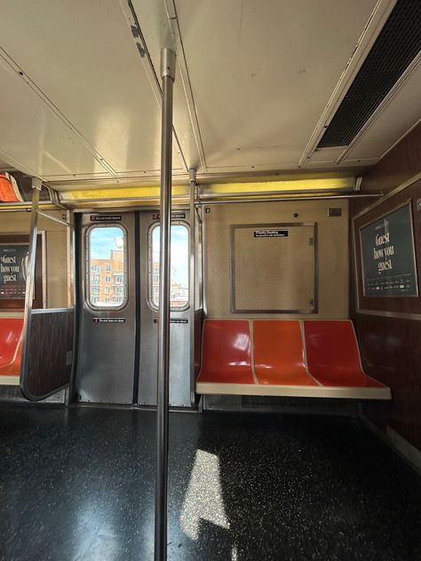 N train aesthetic subway cart empty queens new york city nyc astoria orange seats uptown to downtown | my pin; my instagram - arundhutym New York Train Aesthetic, New York Queens Aesthetic, Lower East Side Nyc Aesthetic, Aesthetic Subway, Sapphic Books, Subway Aesthetic, Lower East Side Nyc, Train Aesthetic, Human Skeleton Anatomy