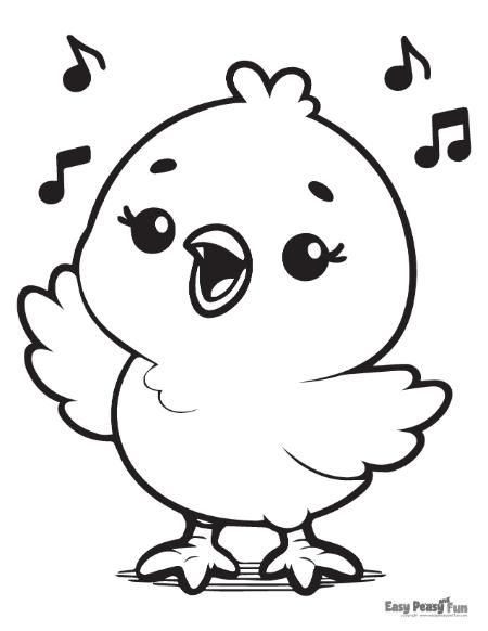 Spark Easter joy and creativity with easy chick coloring page with a singing chick - ideal for kids' Easter crafts. Let your little ones immerse themselves in the world of Easter chicks as they bring this delightful bird illustration to life with color. Cartoon Animal Drawings, Free Printable Coloring Pages For Kids, Animals Free Printable, Chick Drawing, Easy Coloring Pages For Kids, Cute Coloring Pages For Kids, Colouring Activities, Chicken Coloring Pages, Minion Coloring Pages