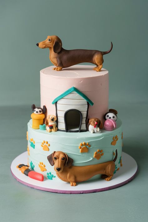 Dachshund Birthday Bash: Cakes to Make Tails Wag Dachshund Birthday Party Ideas, Dachshund Cake Ideas, Dachshund Birthday Cake, Fondant Dachshund, Sausage Dog Cake, Dog Themed Birthday Cake, Dog Themed Cake, Dachshund Cake, Dachshund Party