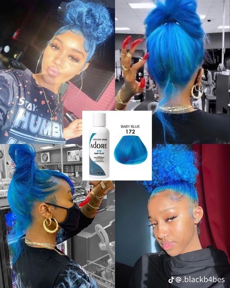 Blue Hair Inspiration, Hair Inspiration Hairstyles, Adore Hair Dye, Blue Hair Dye, Baby Blue Hair, Hair Stripes, Best Hair Dye, Dyed Hair Blue, Mixed Curly Hair