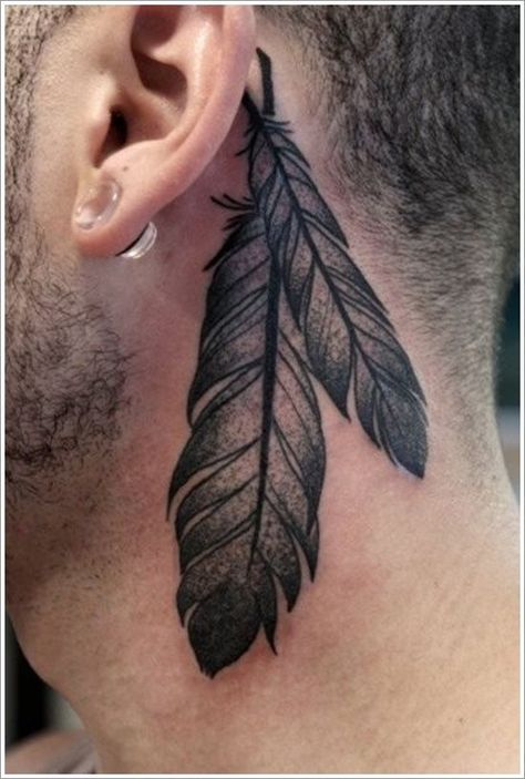 Feather Tattoos for Men - Ideas and Designs for Guys Native Feather Tattoos, Feather Tattoo Behind Ear, Feather Tattoo For Men, Feather Tattoo Meaning, Indian Feather Tattoos, Best Neck Tattoos, Native American Tattoo, Native Tattoos, Back Of Neck Tattoo