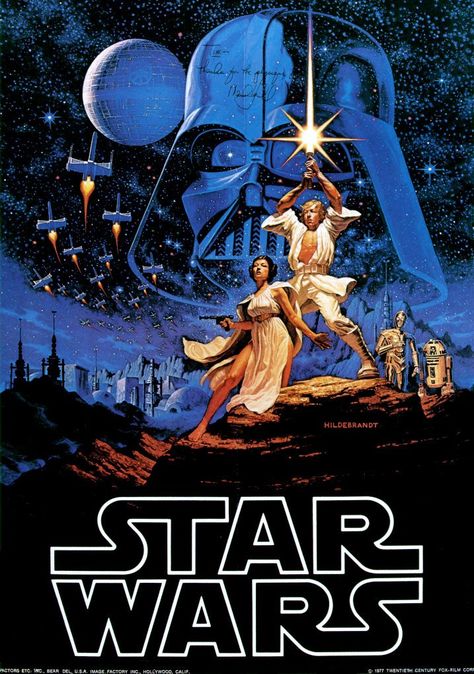 Revised iconic original Star Wars (1977) poster artwork by famed fantasy illustrators Greg and Tim Hildebrandt.    This poster printed by Factors, Etc., which was widely available to fans right after the release of A New Hope in the summer of '77 includes R2-D2 and C-3PO which was added to the original artwork.    As recounted by Greg Hildebrandt in the upcoming Star Wars Poster Book, the droids were added to the artwork after it was felt the composition needed some visual interest to the rig... Wallpaper Film, Film Cult, Star Wars Vintage, Star Wars Episode Iv, Film Vintage, Star Wars 1977, Star Wars Film, Star Wars Poster, Star Wars Movie