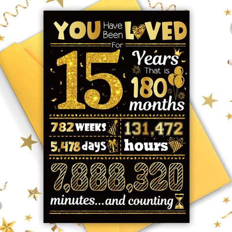 PRICES MAY VARY. 💛BEST HAPPY 15TH BIRTHDAY CARD: TSVATE 15 birthday card features an 8.1*5.7 inch gold design and an exquisite glitter envelope. Plenty of space for you to write your greeting and blessings, making this 1gift for 15 year old girl and 15 year old boy gifts unique and attention-grabbing! 👑INNOVATIVE DESIGN: Designed in black & gold, the nice 15th birthday card boy showcase a dazzling, shine-like 15, symbolizing radiance and pride. The words 'you have been loved,' and the time-the Birthday Card Son, Boy Gifts, Birthday Decorations, Year Old, Birthday Gifts, Gift Ideas, Birthday, Gifts, Design