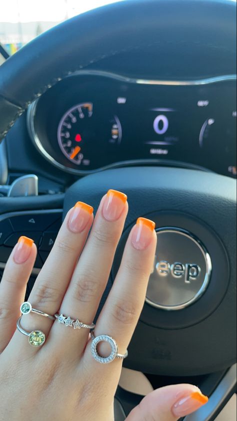 Summer Nails Short Orange, Nails With Orange Dress, Nails For Orange Prom Dress, Orange Square French Tip Nails, Orange French Tip Square, Prom Nails For Orange Dress, Short Orange French Tip Nails, Orange French Tip Nails Short, Orange Tips Nails