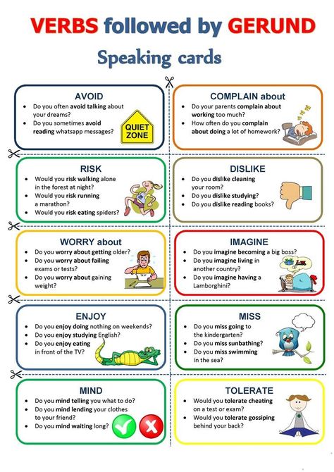 Verbs Followed By Gerund, Speaking Activities English, Speaking Cards, English Teaching Materials, Teaching English Grammar, English Conversation, Conversational English, English Verbs, Learn English Grammar