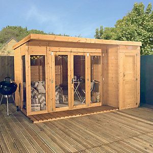 Mercia 12 x 8ft Large Garden Room including Side Shed & Bi-Fold Doors | Wickes.co.uk Open Plan Interior, Gym Shed, Tongue And Groove Cladding, Studio Shed, Roof Shapes, Back Garden Design, House Shed, Wood Cladding, Large Garden