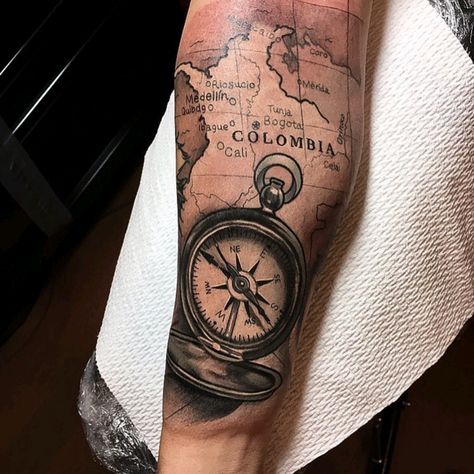 Colombian Tattoo, Clock Tattoo Sleeve, Compass And Map Tattoo, Soccer Tattoos, Map Tattoo, Mens Lion Tattoo, Buddha Tattoos, Boho Tattoos, Map Tattoos