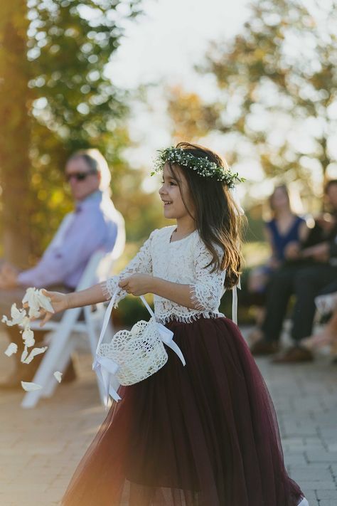 Flower Girl Fall Wedding, Maroon Flower Girl Dress, Flower Girl Dresses Burgundy, Outdoor Venue Wedding, Winter Flower Girl Dresses, Winter Wedding Flower Girl, Fall Wedding Flower Girl, Maroon Theme, Fall Flower Girl