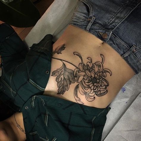 Tats Inspiration, Chrysanthemum Tattoos, Tattoos Behind The Ear, Tat Inspiration, Flower References, Stomach Tattoo, Nice Tattoos, Chrysanthemum Tattoo, Polynesian Tattoos