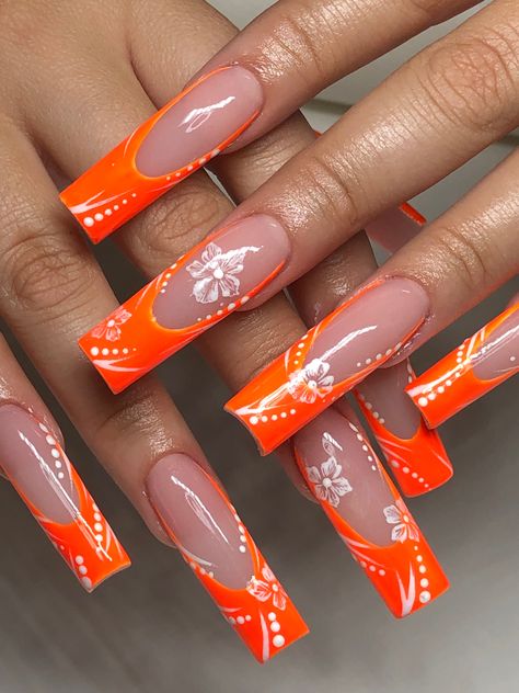 Orange 90s Nails, Gel Nail Designs Orange, Orange Nail Ideas Acrylic, Orange Nails Acrylic Design, Orange Acrylic Nails Designs, Long Orange Nails, Orange Trendy Nails, Nails Acrylic Orange, Orange Spring Nails