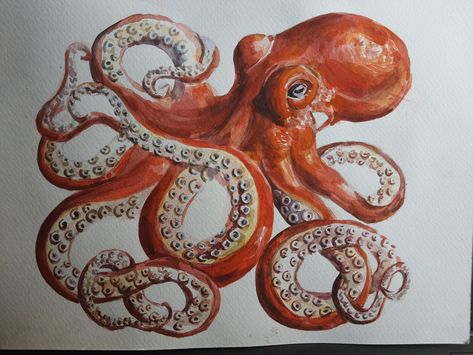 Octopus Painting Realistic, Octopus Color Pencil Drawing, Cryptid Painting, Octopus Art Painting, Octopus Reference, Octopus Face, Squid Drawing, Octopus Animal, Octopus Colors