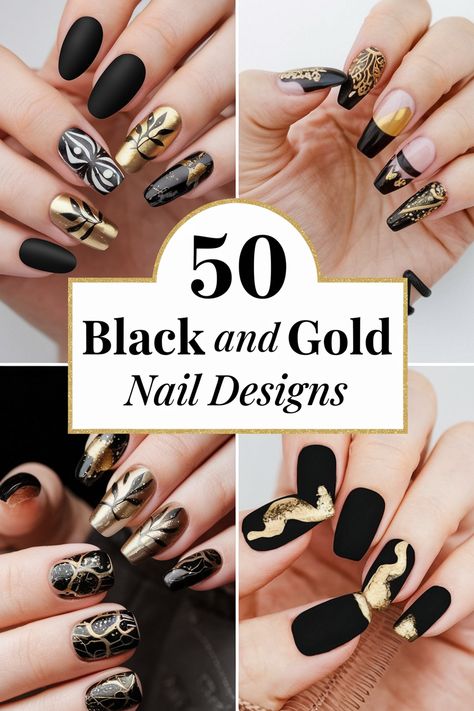 Black and gold nails are a timeless classic, perfect for creating elegant and dramatic manicures. Explore glossy black nails with gold accents, gold glitter tips on black bases, and intricate gold patterns on matte black polish. Discover black and gold marble effects, geometric designs combining both colors, and gold foil details on black nails. Find inspiration for black nails with gold stripes, negative space designs, and luxurious gold leaf accents for sophisticated and eye-catching nail art. Black Gold Silver Nails Art Designs, Matte Black Nails With Gold Lines, Simple Black And Gold Nail Designs, Matte Black Gold Nails, New Years Nails Almond Black Gold, New Years Nail Ideas Black And Gold, New Years Nail Black And Gold, Black And Gold Short Nails Design, Nye Nail Ideas Black And Gold