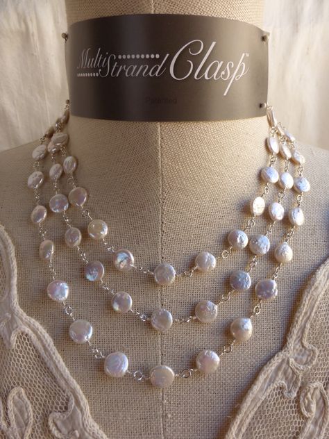 Three strands of coin pearls on sterling silver and MultiStrand Clasp.  Custom Bridal jewelry also available. Coin Pearl Jewelry, Pearls Mala, Engagement Jewellery, Coral Jewelry Set, Pearl Mala, Pearly Gates, Lucky Jewelry, White Pearl Bracelet, Duo Beads