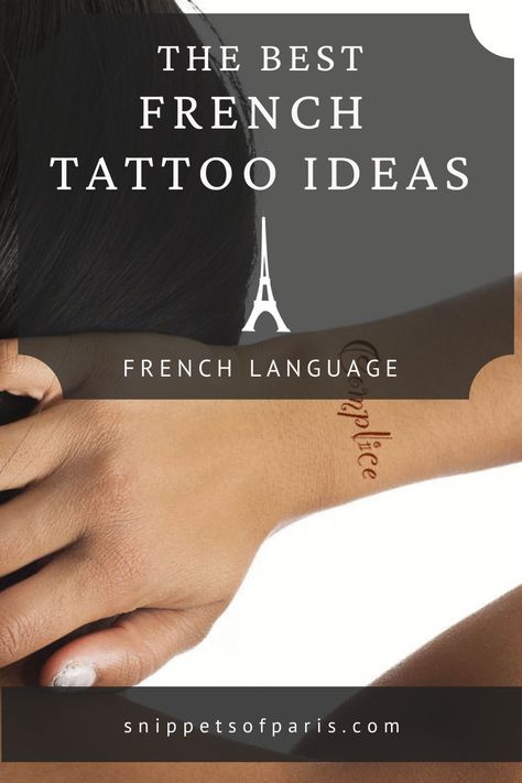 Find ideas, with the best French words, phrases, and sayings for the perfect French tattoos that you will love and be inspired by. French language | Study French | Learn French | French Phrase Tattoos Women, French Quotes For Tattoos, Small Tattoos In French, French Heritage Tattoo, French Words Tattoo For Women, French Words For Love, Small Paris Tattoo Ideas, French Fine Line Tattoo, Amour Tattoo French