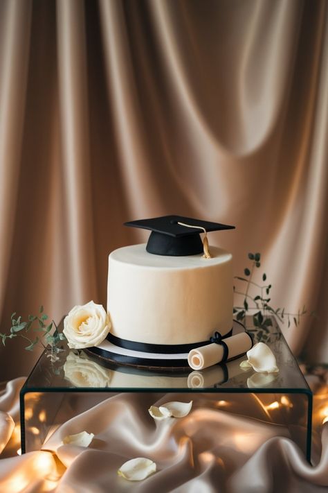 Classic Black and White Graduation Cake with Cap and Scroll 50 Cake Birthday For Women, Simple Grad Cake, Elegant Cake Designs Classy, Minimalist Graduation Cake, Black And White Graduation Cake, White Graduation Cake, Simple Graduation Cakes, Graduation Cake Ideas, Fondant Ribbon