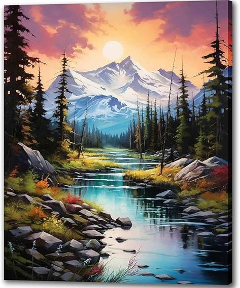 Amazon.com: TOCARE Mountains Paint by Numbers Kit for Adults Beginners, Adult Paint by Number Kits Mountain Streams, Acrylic Adults’ Paint-by-Number Kits Nature 16x20inch Learn Watercolor Painting, Cabin Art, Beautiful Landscape Photography, Scenery Paintings, Diy Oils, Landscape Art Painting, Diamond Painting Kits, Mountain Scene, Bob Ross