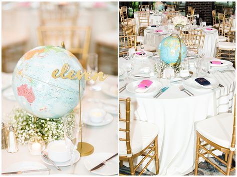 The Grand Event Center Wedding. Globe Centerpieces. Flowers by The Flowerman www.flowermanflowers.com • Lauren Lee Photography Globe Centerpieces Wedding, Globe Centerpiece Ideas, Travel Theme Wedding Centerpieces, Globe Centerpieces, Switzerland Decor, Travel Centerpieces, Paper Lantern Centerpieces, Saint Mary Magdalene, Center Table Decor