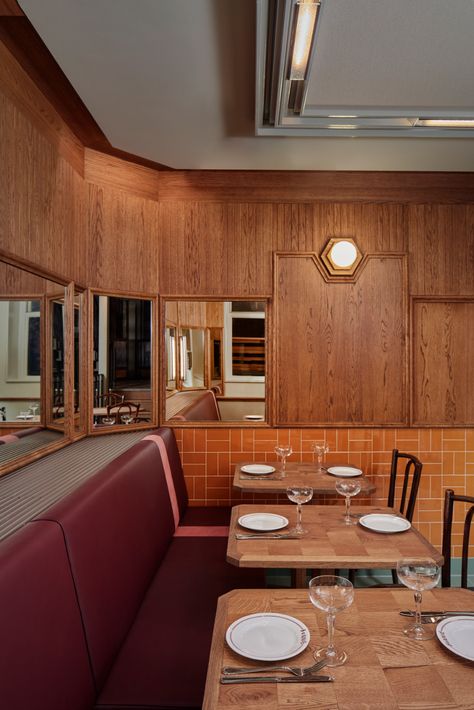 Studio Modijefsky overhauls 119-year-old restaurant Bonnie in Amsterdam Studio Modijefsky, Amsterdam Restaurant, Wooden Panelling, Fabric Ceiling, Small Bars, Yellow Tile, Timber Panelling, Steel Railing, Wooden Stairs