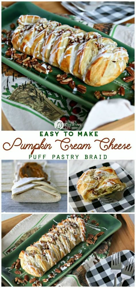 Braid Pumpkin, Simple Holiday Recipes, Puff Pastry Braid, Pastry Braid, Cream Cheese Puffs, Holiday Brunch Recipes, Cream Cheese Puff Pastry, Pastries Recipes Dessert, Cheese Puff