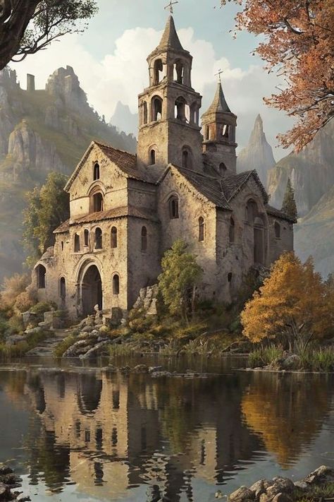 Fantasy Fort, Priest Character, Medieval Cottage, Medieval Church, Fantasy Town, Romanesque Architecture, Arte Peculiar, Medieval Houses, Location Inspiration