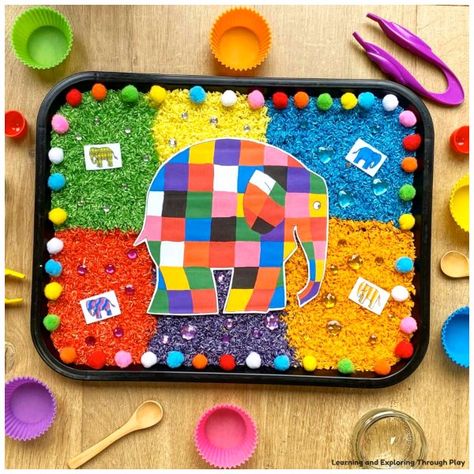 Elmer Sensory Play play ideas for early years Elmer The Elephant, Elmer The Elephants, Nursery Crafts, Elephant Crafts, Creative Area, Eyfs Activities, Nursery Activities, Creation Station, Tuff Tray