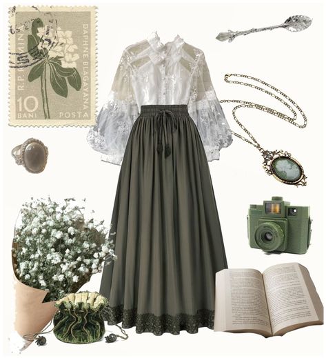 Old Money Aesthetic Green Outfit, Dark Academia Aesthetic Green Outfit, Neutral Green Outfit, Apothecary Aesthetic Outfit, Old English Aesthetic Clothes, Green Nature Outfit, Old Soul Aesthetic Outfits, Dark Green Academia Outfit, Green Academia Clothes