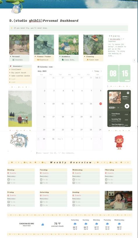 notion templates for students Ghibli Template, Ghibli Notion Template, Studio Ghibli Notion, Ghibli Notion, 2023 Notion, Student Planner Organization, Vision Planner, Notion Inspo, Notion Ideas