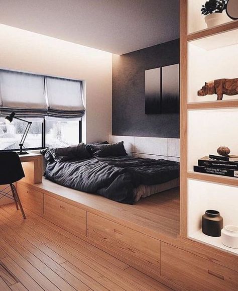 Linxspiration Interior Design Examples, Small Room Design Bedroom, Minimal Interior Design, Loft Interior, Bed Platform, Future Room, Interior Design Per La Casa, Art Deco Decor, Platform Bed With Storage