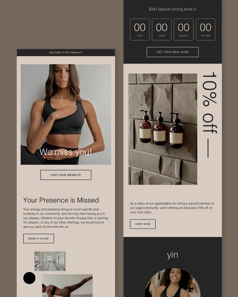 MADE WITH CALM IN MIND. Here’s to getting your customers coming back for more. We know emails can sometimes feel a bit boring, but with Flodesk, you can now create + send beautiful emails all in-the-one platform. ✨ We’ve crafted beautiful, easy-to-use email templates for all your flows, so you can effortlessly set them up and start welcoming more people through your doors. Made for @flodesk, our HELSINKI bundle was designed for studios and creatives in mind. I can’t wait to see how you ma... Marketing Emails Design, Email Marketing Design Layout, Edm Template, Newsletter Design Layout, Edm Design, Email Newsletter Design, Email Marketing Design, Vinyasa Flow, Yoga Community