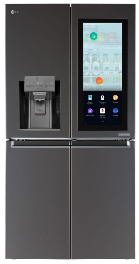 This New LG Fridge Features a Touch Screen and Alexa Support Appliance and tech company LG introduced its new smart refrigerator featuring a 29-inch touchscreen and Alexa support. The Door-in-Door refrigerator lets you check on the food inside without needing to open the door and stare wistfully at the contents inside. The function is activated by knocking twice on the door A super-wide angle 2 megapixel interior camera lets to view the contents from several different angles using your smart... Luxury Fridge, Door In Door Refrigerator, Modern Refrigerator, Fridge Lg, Smart Fridge, Smeg Appliances, Refrigerator Brands, Smart Refrigerator, Kitchen Tech